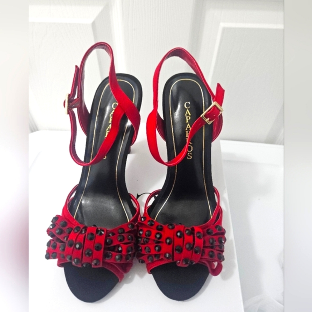 Caparros Red Suede Peep Toe High Heels With Ankle Strap.